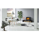 Scan 1003 B im Wohnzimmer abgebildet mit zwei grossen Holzkastenmodule und einem kleinen Holzkastenmodul. Der Ofen steht neben einem Kuhfell-Teppich sowie eine dominante Lampe im Vordergrund.