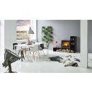 Scan 1003 B Kombination, mit vier kleinem und zwei grossen Metalboxen für Holzaufbewahrung, im Wohnzimmer mit Esstisch und Verschieden Designer Stuhlarten. Ein Hund schläft nebenbei.